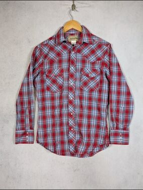Wrangler Western Shirt Women's Size Small Red Blue Plaid Pearl Snap Long Sleeve
